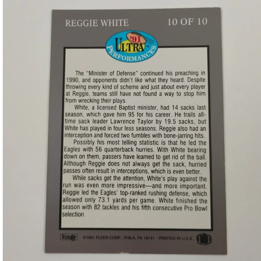 1991 Fleer Ultra #10 of 10 REGGIE WHITE Performances RARE INSERT Eagles